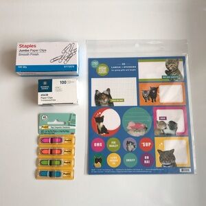 Paper Clips Jumbo + Size 1 + Post It Arrow Flags + Sassy Cat Sticker Labels